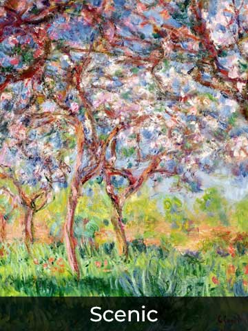 Impressionist-style painting of a scenic landscape featuring blossoming trees, lush green grass, and soft, colorful brushstrokes.